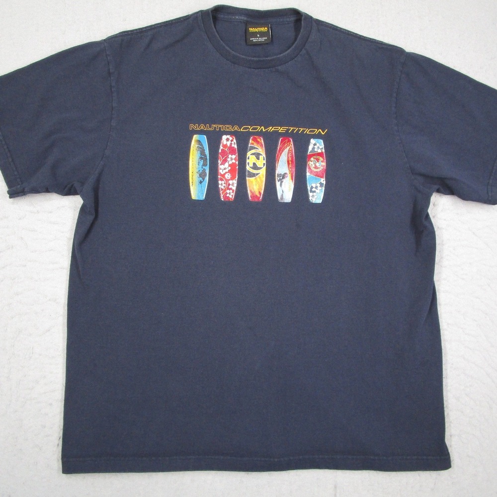 Nautica Competition Mens T-Shirt Large Navy Blue Surfboard Graphic Tee Y2K